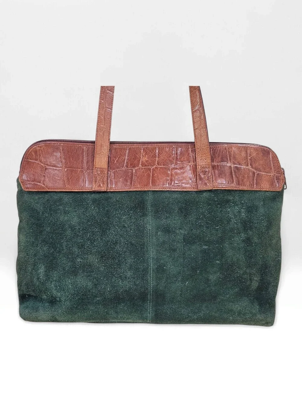 Vtg VALERIE STEVENS Green Suede Brown Croc Embossed Leather Zip Work Tote